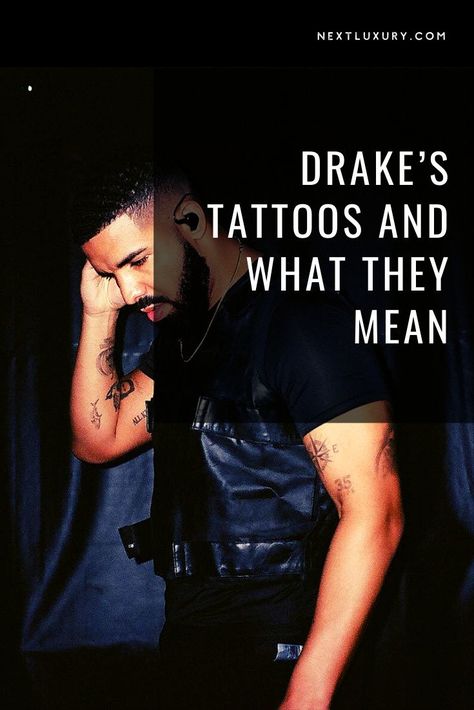 Drake is no stranger to the tattoo chair with over 30 different pieces of body art. Examine some of his most visible and impressive tattoos and gain insight into what they mean. #tattooideas Drake Tattoo Of Sade, Drake Owl Tattoo, Drake's Tattoo, Drake Lyric Tattoos, Ovo Tattoo Drake, Drake Inspired Tattoos, Drake Tattoo Ideas, Drake Lyrics Captions, Tattoos And What They Mean