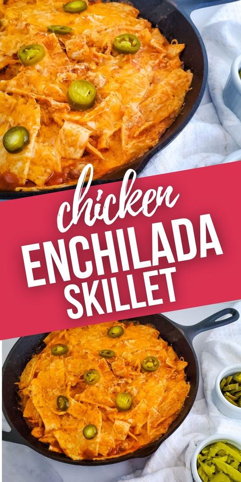 This easy recipe for Chicken Enchiladas Skillet only dirities one pan for easy clean up. Chicken Enchilada Skillet is stress-free meal! Stovetop Chicken Enchiladas, Cheesy Chicken Enchilada Skillet, One Pan Chicken Enchilada Skillet, Enchilada Stove Top, Chicken Skillet Enchiladas, Enchiladas Skillet, Recipe For Chicken Enchiladas, Lazy Enchiladas, Enchiladas Dinner