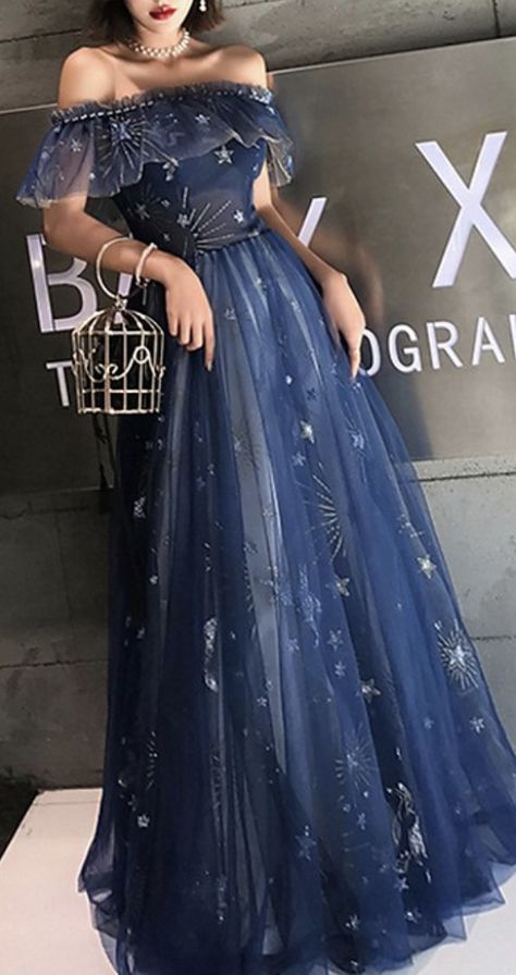 Prom Dress Constellation, Star Dresses Gowns, Constellation Dress Short, Sun And Moon Prom Dress, Prom Dresses Galaxy Theme, Celestial Prom Dress Blue, Ravenclaw Inspired Dress, Constellation Prom Dress, Dark Blue Starry Dress