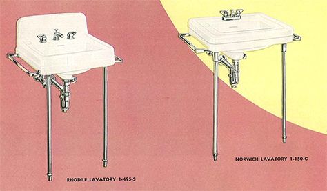 24 pages of vintage bathroom design ideas from Crane - 1949 ... 1940 Interior Design, 1940 Bathroom, Vintage Bathroom Design, 1940s Bathroom, 1940s House, Sink Legs, Vintage Catalog, Vintage Sink, 1940's Style