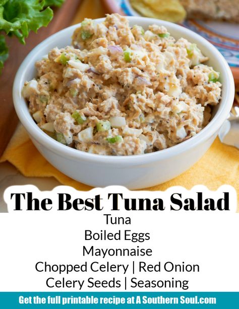 Make this quick and easy recipe for the All-Time Best Tuna Salad! Flakey tuna mixed with perfectly boiled eggs, crunchy celery and onions tossed in a creamy dressing that’s lighted up with lemon and seasoned perfectly will soon become your go-to tuna salad recipe. Tuna With Boiled Eggs, Tuna Salad Sandwich Egg, Recipes For Tuna Salad, Tuna And Boiled Eggs, Tuna Fish Salad With Eggs, Tuna Salad With Egg Recipes, Tuna Salad Recipe With Egg And Relish, Tuna Salad With Celery, Tuna Salad Dressing Recipes