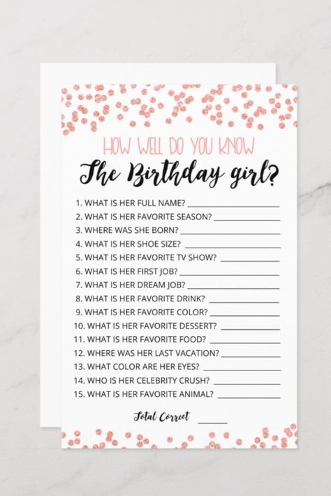 How well do you know the Birthday girl game Purchase this editable game and enjoy high quality How well do you know the Birthday girl card for your event! This is a game template, You can change the questions as you wish! Rose Gold Confetti #birthdaygame #birthday #happybirthday #birthdaycards #birthdayparty Who Lnows The Birthday Girl Best, Cute Birthday Games, Do You Know The Birthday Girl, Birthday Quiz Questions Party Games, Kahoot Birthday Questions, Who Should I Invite To My Birthday, Who Knows The Birthday Girl Best Game, Who Knows The Bday Girl Best, Birthday Kahoot Questions