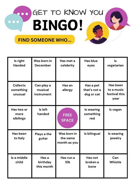 Printable 'Get To Know You' Bingo Game! Are you looking for a fun activity? For a birthday party, a team building activity, a family reunion or an office party? Look no further! This "Find Someone Who" bingo game comes complete with 10 unique human bingo cards. Mix and mingle, this Bingo game makes it easy to meet new people. The perfect icebreaker game! Also fun at weddings as a 'Find the guest' game. How to use this printable Bingo game? 1. Print as many cards as you need. 2. Give each person Office Games Team Building, Personality Bingo, Human Bingo, Birthday Bingo, Free Printable Bingo Cards, Free Bingo Cards, Printable Bingo Games, Find The Guest, Office Party Games