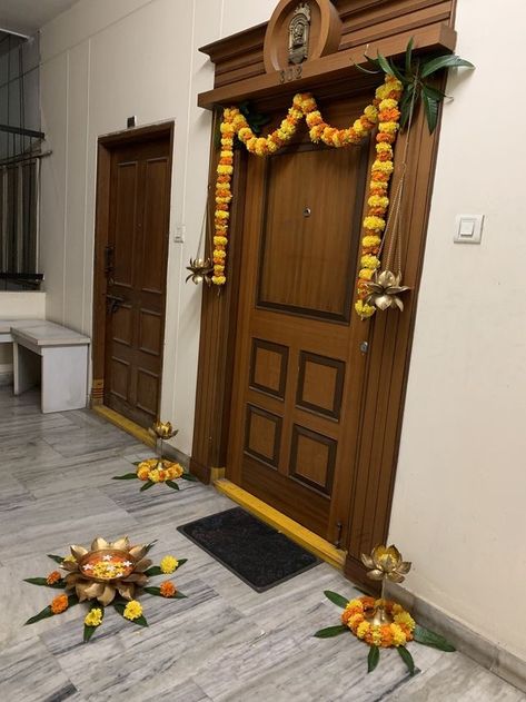 Home Entrance Festive Decor, Gruhpravesh Decoration, Diwali Decorations At Home Entrance Door, Deepavali Decorations At Home, Dipawali Decoration, Diwali Decorations At Home Entrance, Decorate Door, Diwali Diya Decoration, Home Flower Decor