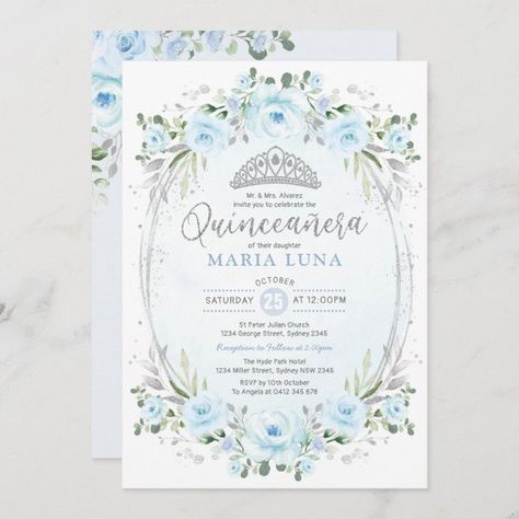 Blue Silver Floral Crown Princess Quinceañera Invitation - tap, personalize, buy right now! #Invitation #15th #birthday #party #invite, #feminine Blue Flower Wreath, Quinceañera Invitations, Gold Glitter Dress, Baptism Invitation, Quinceanera Invitations, Baptism Girl, Baptism Invitations, 15th Birthday, Baby Shower Invites For Girl