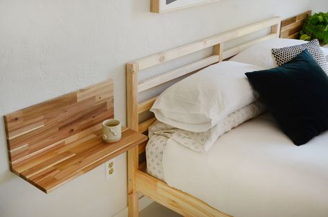 Alternative Ideas for Nightstands | Apartment Therapy Diy Shelf Nightstand, Nightstand Attached To Bed, Boho Floating Nightstand, Bed Side Shelf Ideas, Wall Hung Night Stand Bedside Tables, Hanging Night Stands, Wall Shelf Nightstand, Bedside Shelf Diy, Diy Bed Shelf