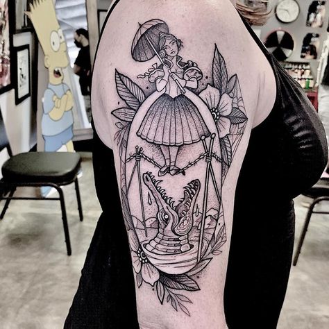 Haunted Mansion Tightrope Walker Tattoo, Spooky Shoulder Tattoo, Goth Disney Tattoo, Traditional Style Disney Tattoo, Halloween Arm Tattoo, Spooky Flowers Tattoo, Spooky Disney Tattoo, Halloween Disney Tattoos, Haunted Mansion Tattoos