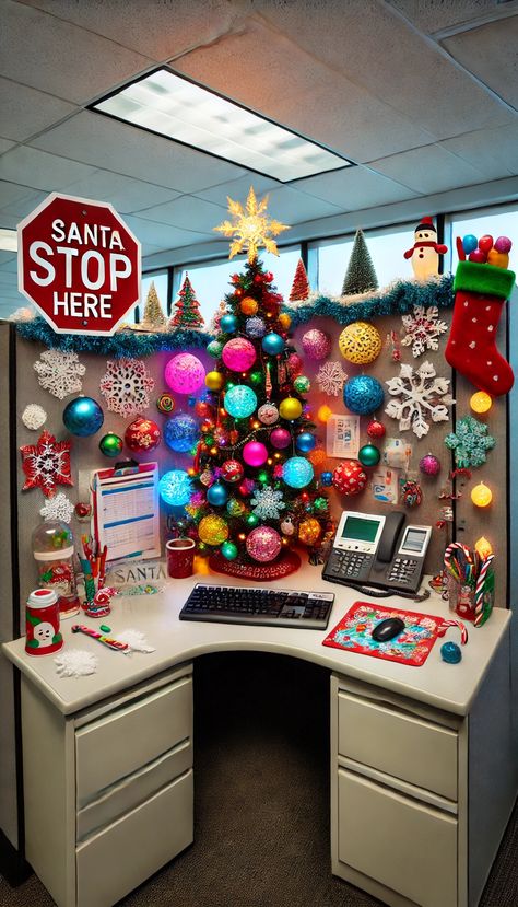 20+ Brilliant Ways to Decorate Your Office Cube for Christmas 🎄✨ Work Christmas Decorations Office, Work Cubicle Christmas Decor Ideas, Christmas Cubicle Decorations Contest, Cubicle Christmas Decorations Contest, Office Christmas Decorations Cubicles, Desk Decoration Ideas, Cubicle Decorating Ideas, Christmas Desk Decorations, Christmas At Work