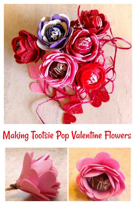 These tootsie pop flower valentines are easy to make with just a few supplies and a lollipop. #valentinesday #tootsiepops #flowers #diyflowers #dollarstorecrafts Flower Valentines, Lollipop Bouquet, Tootsie Roll Pops, Flowers For Valentines Day, Candy Bouquet Diy, Valentine's Day Crafts, Tootsie Pop, Candy Flowers, February Valentines