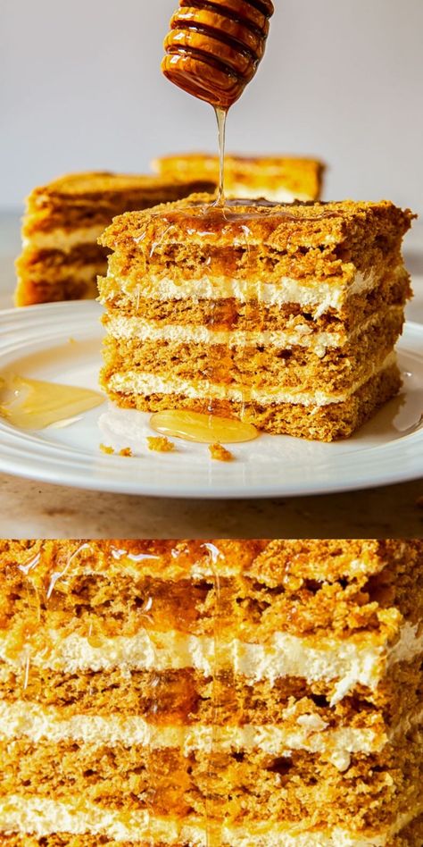 Medovik Russian Honey Cake, Honey Cream Cake, Georgian Honey Cake, Latvian Honey Cake, Honey Cake Filling, Healthy Honey Cake, Medovik Honey Cake, Medovik Cake Recipes, Honey Layer Cake