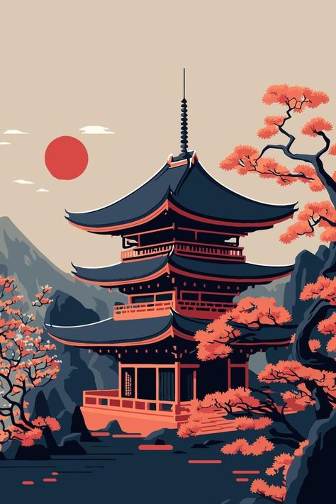 japan temple or asian pagoda, japanese traditional landmark with cherry blossom tree Japanese Architecture Illustration, Traditional Japanese Architecture Drawing, Cultural Landmarks In Japan Painting, Japan Culture Traditional, Japanese Buildings Traditional, Pagoda Illustration, Japan Digital Art, Cultural Illustration, Asian Pagoda