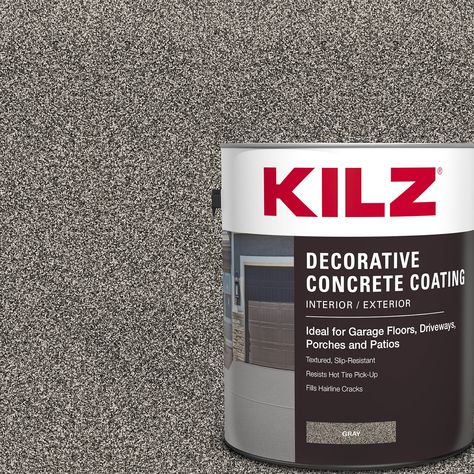 Breathe new life into your concrete surfaces with KILZ interior/exterior decorative concrete paint formulated for driveways, garage floors, pool decks, patios and porches. Easy to apply concrete paint fills in hairline cracks up to 1/8 inch and stands up to hot tires, dirt and grease. Slip resistant surface is ideal for pool decks and walkways. Important: the product must be applied with a 1/4 inch adhesive roller cover. One gallon covers about 50 sq.'. With 2 coats. Durable, protective finish enhances the look of concrete surfaces. Dries to the touch in 1 hour, recoat after 4 hours. KILZ Decorative Concrete Coating Gray Textured Slip-resistant Matte Interior/Exterior Porch and Floor paint (1-Gallon) | L378711 Concrete Repair Products, Paint Concrete Patio, Garage Storage Inspiration, Concrete Patio Makeover, Concrete Paint, Porch Paint, Garage Floors, Painted Concrete Floors, Concrete Coatings