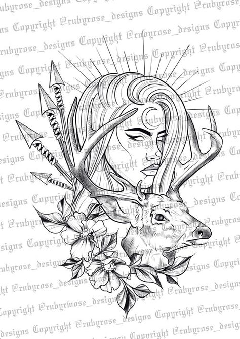 Ruby Rose Tattoo, Ruby Rose Designs, Goddess Portrait, Greek Goddess Tattoo, Artemis Tattoo, Archer Tattoo, Artemis Goddess, Greek Mythology Tattoos, Goddess Tattoo