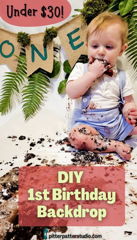 Young boy eating chocolate cake on a DIY photo backdrop with ferns, leaves and moss behind him. Diy Smash Cake, Diy Photo Backdrop, Cake Smash Backdrop, 1st Birthday Cake Smash, Cake Smash Photos, Birthday Cake Smash, Diy Backdrop, 1st Birthday Cake, Birthday Backdrop