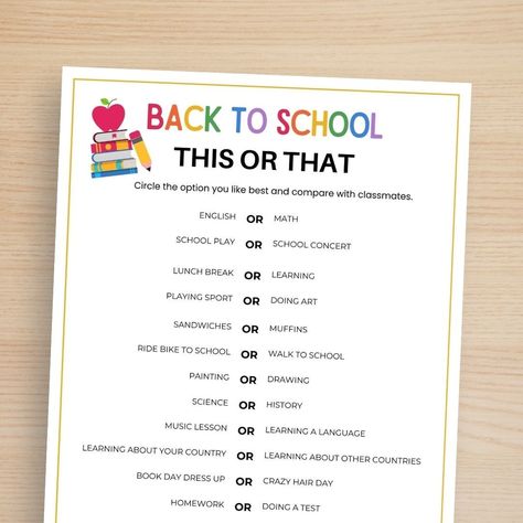 Kick off the first day of school with this fun printable back to school game. This or that is a simple game and a great conversation starter to help classmates get to know each other on the first day of term. This is a fun start to the school year and a great ice breaker too!  SAVE BIG WITH THE FULL GAME BUNDLE (14 GAMES): https://www.etsy.com/au/listing/1738809216/back-to-school-games-bundle-printable This classroom game for kids comes in two versions - print friendly black and white version an Fun Ice Breaker Games For Kids, Back To School Would You Rather, Back To School Ice Breakers Elementary, First Day Of School Games, Class Ice Breakers First Day, Kindergarten Ice Breakers First Day, First Day Of School Icebreakers, Ice Breaker Games For Kids, First Day Of School Ice Breaker Activity