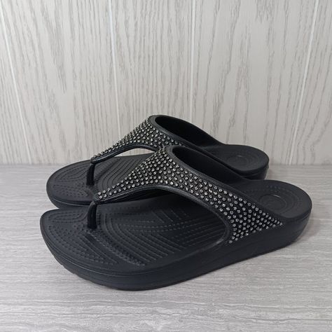 Crocs Sloane Black Embellished Slip-On Comfort Flip Flop Sandal - Women's Size 9 Crocs Shoes, Dressed Down, Flip Flop, Flip Flop Sandals, Womens Sandals, Flip Flops, Womens Sizes, Slip On, Sandals