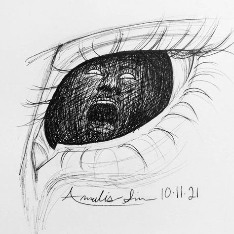 eye filled in black, silhouette of a screaming face shown withing the darkness Burned Out Drawing, Screaming From The Inside Drawing, Dark Background Drawing Ideas, Disturbing Eyes Art, Derealism Drawing, Meaningful Eye Drawings, Dark Theme Drawing, How To Draw Someone Screaming, Haunted Drawing Ideas