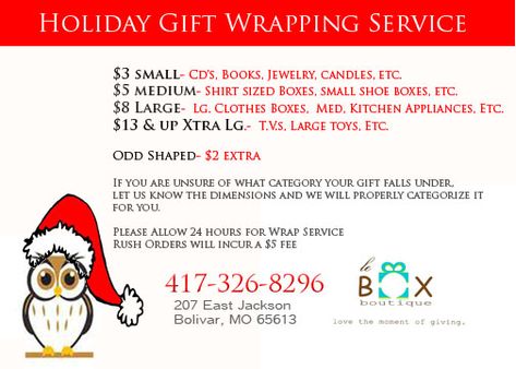 LE BOX BOUTIQUE 2010 HOLIDAY GIFT WRAPPING SERVICE, BOLIVAR, MO Gift Wrap Fundraiser, Christmas Fundraising Ideas, Dance Fundraisers, Christmas Gift Wrapping Diy, Creative Gift Baskets, Holiday Gift Wrapping, Gift Wrapping Techniques, Simple Gift Wrapping, Diy Gift Wrapping