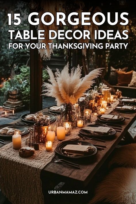 Looking for gorgeous table decor ideas for your Thanksgiving party? Check out this list of 15 eye catching Table decor ideas to wow your guests! Hunter Green Thanksgiving Table, Thanksgiving Dinner Pictures, 6 Person Table Setting, Thanksgiving Tablescapes Ideas Elegant, Friendsgiving Dinner Party Table Decor, Green And Black Thanksgiving Table, Long Table Dinner Set Up, Thanksgiving Table Settings Black Plates, Dark Thanksgiving Table