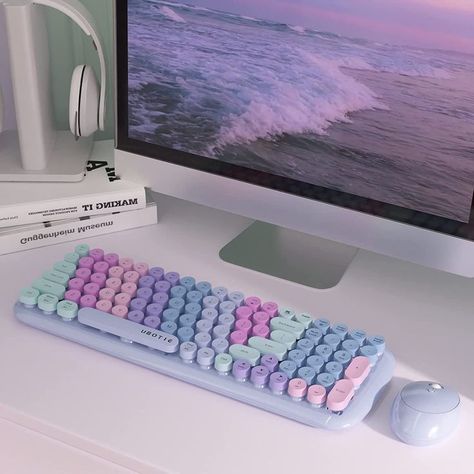 Wireless Keyboards and Mouse Combos, UBOTIE Colorful Gradient Rainbow Colored Retro Typewriter Flexible Keyboard, 2.4GHz Connection and Optical Mouse Cute Typewriter, Retro Typewriter, Portable Keyboard, Pet Hammock, Colorful Gradient, Office Room Decor, Seal Design, Instructional Design, Girlie Style