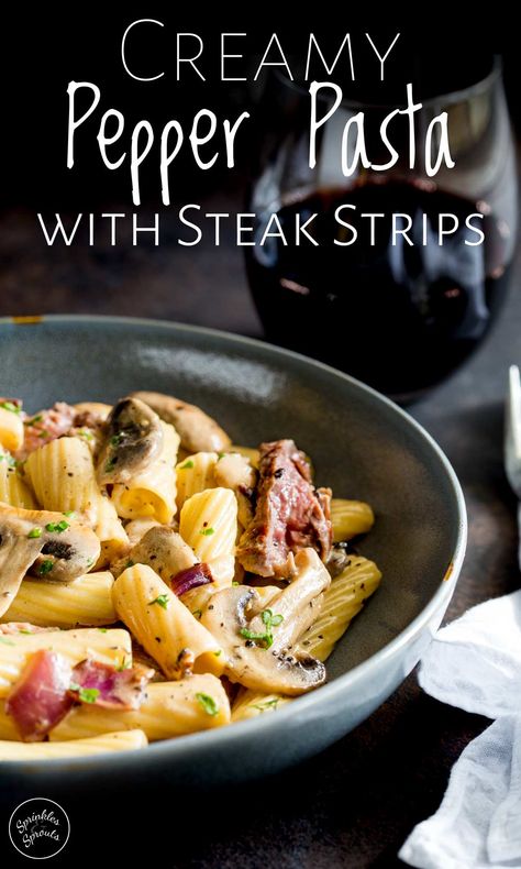 This creamy pepper pasta with steak strips is the ultimate comfort food recipe. Tender strips of beef cooked together with mushroom, red onion, cream and peppercorns to make a delicious sauce. It is so easy to make and comes together in under 20 minutes. You can use a cheaper cut of beef, such as flank or skirt steak, making it the perfect cost effective mid week meal. Plus it is so simple to adapt if you want to swap out the mushrooms and add in some bell peppers or broccoli. #pastarecipe Pasta With Steak, Steak Strips, Strip Steak Recipe, Skirt Steak Recipes, Easy Pasta Sauce, Resep Pasta, Steak Pasta, Steak And Mushrooms, Beef Strips