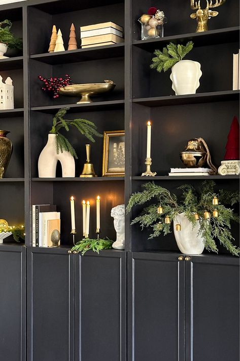 Wreaths On Bookshelves, Christmas Bookcase Styling, Built In Bookshelves Christmas Decor, Shelf Styling Christmas, Ikea Christmas 2024, Xmas Shelf Decor, Christmas Shelves Decor Shelf Ideas, Christmas Shelving Decor Ideas, Styling Bookshelves For Christmas