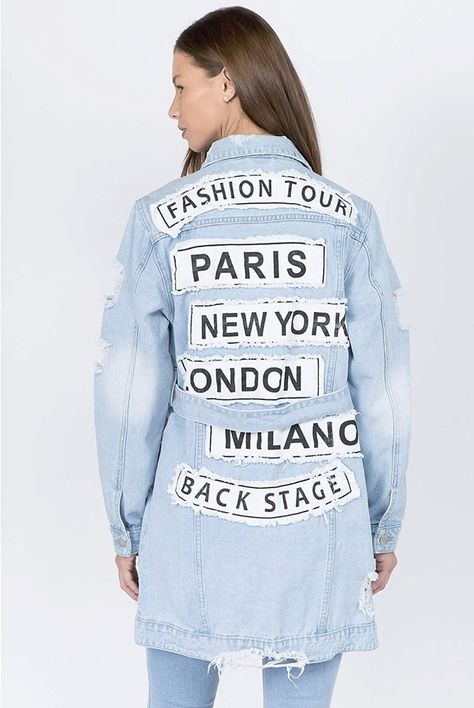 Mireille Denim Fashion Tour Distressed Long Jacket Graphic Jacket, London Graphic, Denim Jeans Outfit, Patchwork Denim Jacket, Cool Denim, Demin Jacket, Printed Denim Jacket, Patchwork Denim, Denim Patches