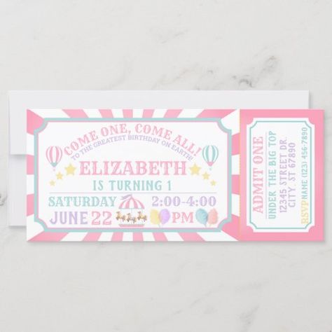 Pastel Circus, Carnival Ticket, Dumbo Birthday, Ticket Birthday Invitation, Carnival Baby Showers, Carnival Birthday Invitations, Circus Invitations, Carnival Tickets, Carnival Invitations