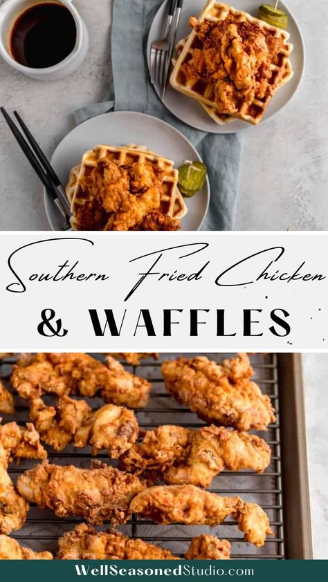 southern fried chicken and waffles Spicy Chicken And Waffles Recipe, Best Chicken And Waffles Recipe, Chicken And Waffles Recipe Easy, Chicken Waffles Recipe, Chicken And Waffles Recipe, Fried Chicken Waffles, Breakfast Waffle Recipes, Chicken N Waffles, Chicken Waffles