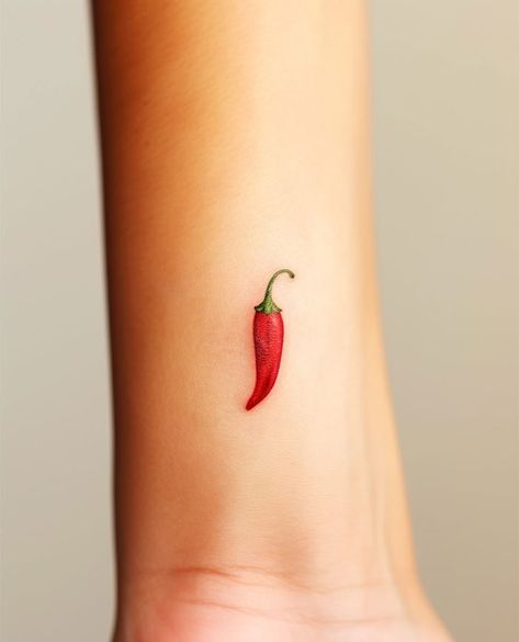 "A small tattoo idea of a realistic red chili pepper on the wrist, showcasing minimalist and vibrant tattoo design." Tattoos Jesus, Pepper Tattoo, Tattoos Heart, A Small Tattoo, Tattoos Cute, Rose Sketch, Frog Tattoos, Weird Tattoos, Bad Tattoos