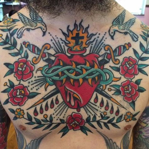 Dan Santoro, Sacred Art Tattoo, Sacred Heart Tattoo, Thorn Tattoo, Traditional Chest, Traditional Tattoo Old School, Sacred Heart Tattoos, Vintage Tattoo Design, Traditional Tattoo Sleeve