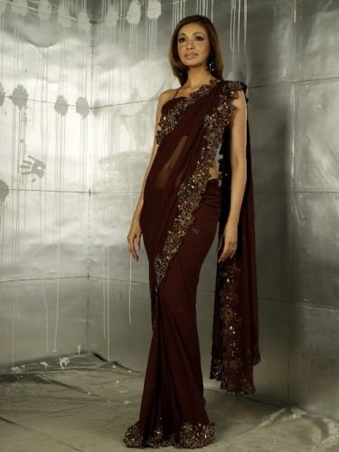 Top 9 Amazing Brown Sarees With Pictures Brown Saree Look, Dark Brown Saree, Brown Saree, Peach Color Saree, Sarees Design, Velvet Saree, Crepe Saree, Simple Sarees, Lighter Skin