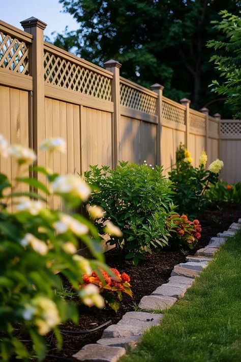 Backyard Fence Ideas: Privacy and Style - Quiet Minimal Vertical Wooden Fence, Fenceline Landscaping Ideas Privacy, 8ft Fence Ideas, Small Fence Front Yard, Private Fence Ideas Backyards, Fence Landscaping Border, Private Fence Ideas, Backyard Fence Landscaping, Fence Ideas Privacy