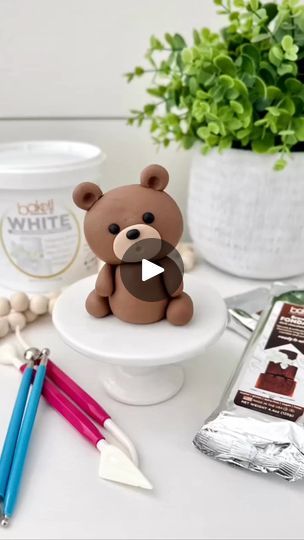 Polymer Clay Teddy Bear Tutorial, How To Make A Fondant Teddy Bear, How To Make Bear Fondant, Fondant Bear, Fondant Teddy Bear, Bear Cake Topper, Teddy Bear Cakes, Buttercream Cake Decorating, Rolling Fondant