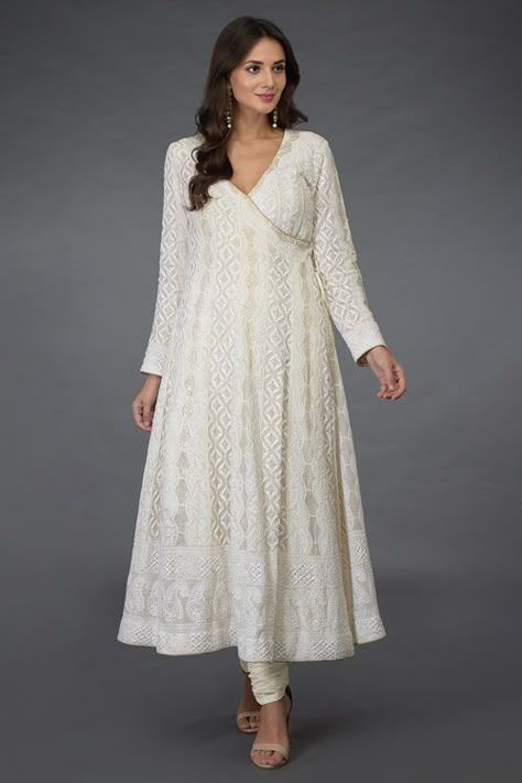 Ivory Chikankari with Kamdani Angrakha Suit Angrakha Kurta For Women, Banaras Dress, Ap Designs, Angrakha Suit, Angrakha Style Kurta, Rajasthan Trip, Chikankari Dress, Mehndi Outfit, Chikankari Kurta