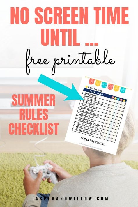 No screen time until FREE printable. Summer rules printable list for kids to earn electronics and screen time. #summerbreak #kidsroutines #chorelist Kids Summer Checklist Before Electronics, Summer Electronic Rules Printable, Summer Technology Rules For Kids, No Screen Time Until, Summer Screen Time Checklist, Summer Screen Time Rules, Screen Time Rules Printable, Electronics Aesthetic, Earn Screen Time