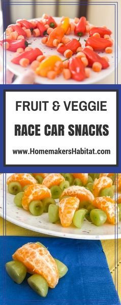 Race Car Treats made from healthy fruit and veggies: Clementine segment + grapes + toothpicks = Fruit Race Car Mini bell pepper + baby carrot + toothpicks = Veggie Race Car Race Cars Cake, Cars Cake Ideas, Cars Birthday Party Food, Cake Ideas For Men, Race Track Cake, Car Cakes For Men, Birthday Party Food Ideas, Auto Party, Cake Car