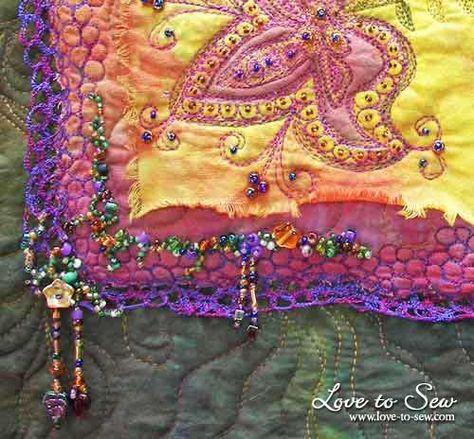 How to make bead dangle embellishments for fabric Crazy Quilt Blocks, Bead Dangles, Creative Textiles, Hanging Beads, Fabric Embellishment, Quilting Templates, Free Motion Embroidery, Sewing Tutorials Free, Hand Dyed Fabric