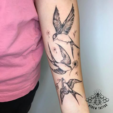 Forearm Bird Tattoo Women, Swallow Forearm Tattoo, Map Tattoo Sleeve, Swallows Tattoo, Birmingham Tattoo, Bird Hand Tattoo, Bird Tattoo Sleeves, Swallow Tattoo Design, Bird Flock