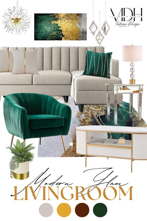 Glam Design Style Livingroom. Green And Gold Living Room, Cream And Gold Living Room, Emerald Green Living Room, Gold Living Room Decor, Glam Design, Emerald Green And Gold, Apartment Decorating Living, Gold Living, Classy Living Room