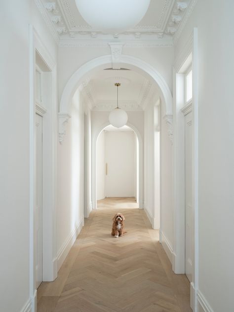 Parquetry Floor, White Hallway, Hallway Door, Marble Home, Heritage House, Herringbone Floor, Street House, Character Home, Grand Homes