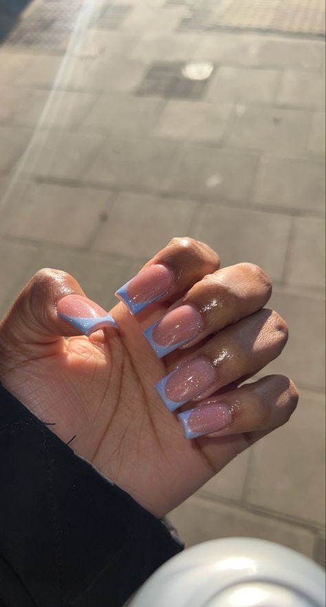 Short, medium acrylics, blue, french tip, glotter Short Acrylic Nails Baddie French Tip, Blue Frenchies Nails Short, Cute Blue Short Acrylic Nails, Trendy Nail Inspo Square Short, Blue French Tip Nails Black Women, Blue Simple Acrylic Nails, Short Square French Tip Acrylic Nails Color, Pink Nails With Blue Tips, French Tips Blue Nails