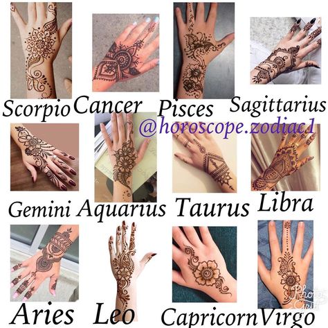 THE SIGNS AS HENNA TATTOOS 🤠 Leo Henna, Tattoos Henna, Gemini And Aquarius, Aries And Leo, Capricorn And Virgo, Tattoo Signs, Pisces And Sagittarius, Henna Tattoos, Henna Tattoo Designs