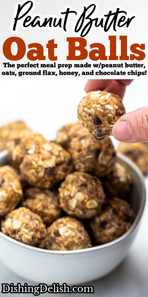 Peanut Butter Oat Balls are perfect meal prep for breakfast on-the-go, made with peanut butter, rolled oats, flax seed, honey, and mini chocolate chips, ready in 40 minutes! Oats And Peanut Butter Breakfast, Rolled Oats Peanut Butter Balls, Peanut Butter Flax Seed Cookies, Food With Flax Seed, What To Do With Rolled Oats, Rolled Oats Dessert, Peanut Butter Flax Seed Protein Balls, Oats And Peanut Butter Recipes, Rolled Oat Recipes