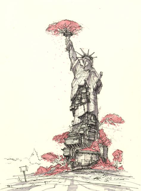 Lady Of Liberty, Metal Fan, Bonsai Art, Charcoal Art, Sketch Inspiration, Environment Concept Art, Ink Illustrations, Art Reference Poses, Architecture Drawing