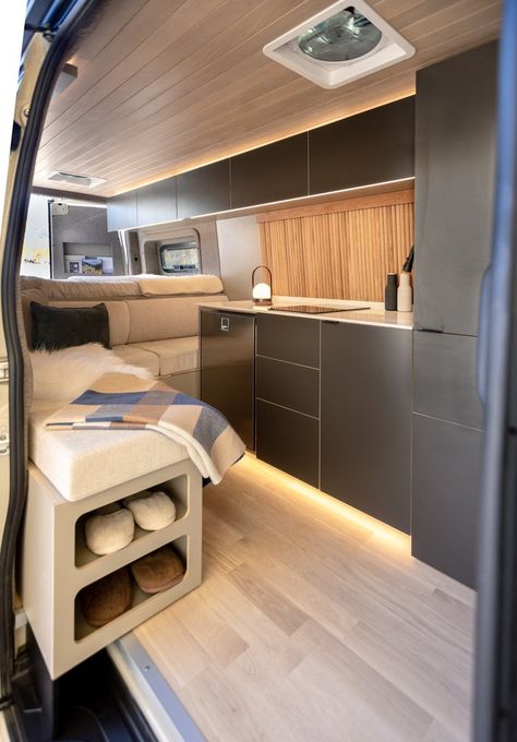 Modern Camper Van Interior, Campervan Lighting, Van Lighting, Sprinter Van Conversion Interiors, Sprinter Camper Conversion, Chevrolet Van, Sliding Doors Exterior, Custom Table Top, Large Sectional