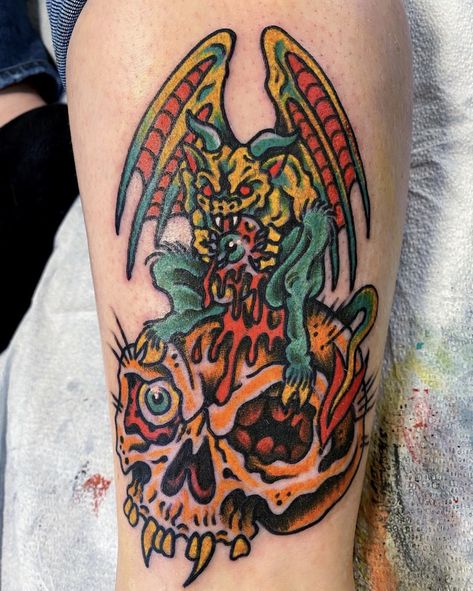 Large American Traditional Tattoo, Absurdist Tattoo, Colorful Knee Tattoo, Trad Skull Tattoo, American Traditional Gargoyle Tattoo, Traditional Skull Tattoo Flash, Dragon Head Tattoo Traditional, American Traditional Tattoos Horror, Traditional Gore Tattoo