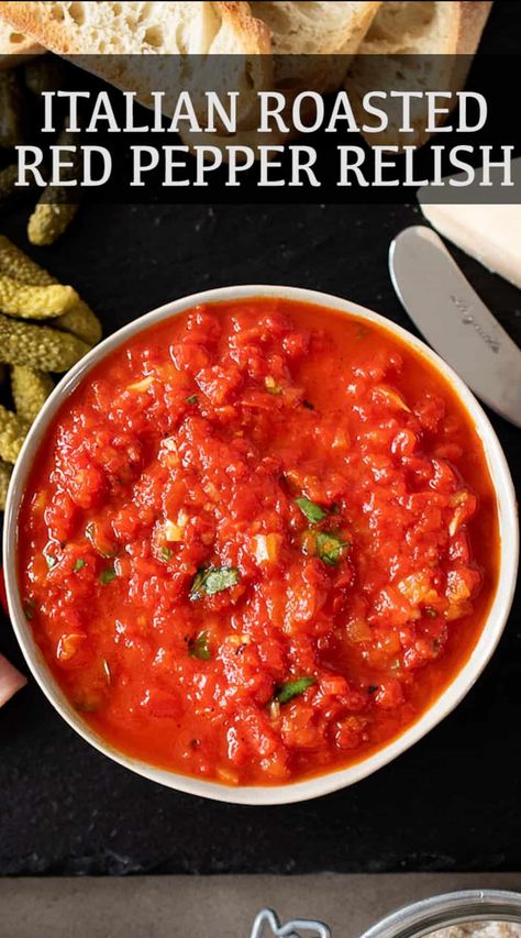 Italian Roasted Red Pepper Relish is a delicious condiment to serve with an antipasto platter. Fresh roasted red peppers, garlic, basil and mild pickled pepper rings make up this easy, versatile and colorful dish. #redpepperrelish #ajvar #roastedredpeppers Roasted Red Pepper Relish, Red Pepper Relish Recipe, Hot Dog Relish Recipe, Red Pepper Relish, Hot Dog Relish, Pepper Rings, Quick Pickles, Roasted Red Pepper Dip, Red Pepper Dip