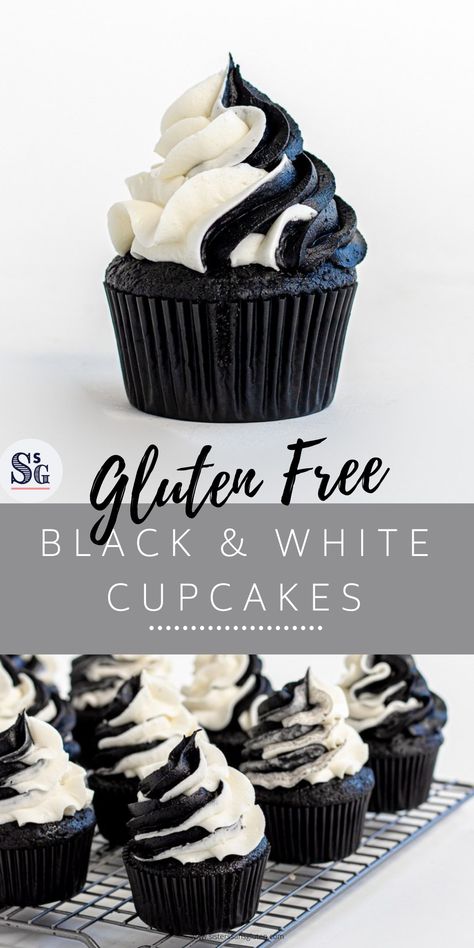 Black And White Swirl Frosting Cupcakes, Black And White Cupcakes Ideas, Cupcake Black And White, Black White Cupcakes, Black Velvet Cupcakes, White Wedding Cupcakes, Blm Movement, Gluten Free Cupcake Recipe, Black And White Cupcakes