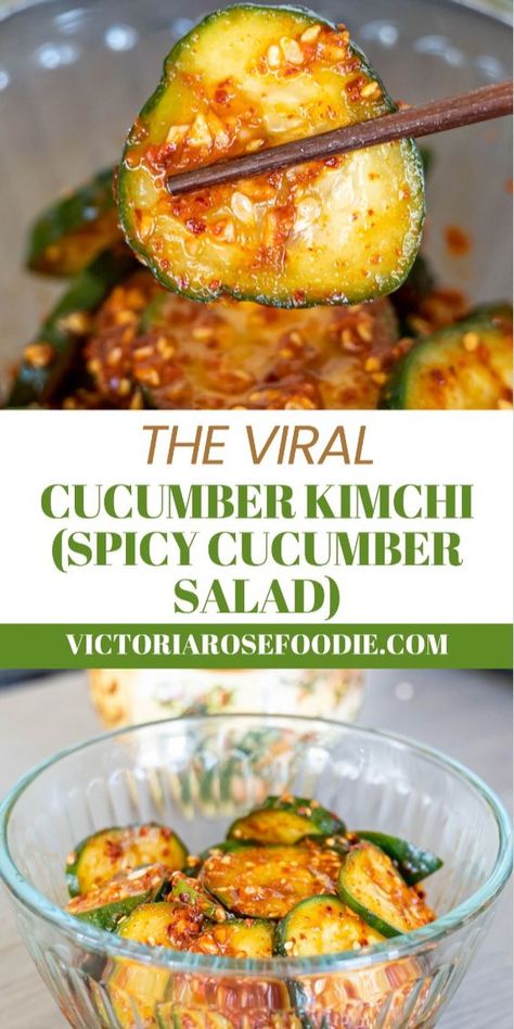 Viral cucumber kimchi, also known as spicy cucumber salad, is a quick and easy variation of traditional Korean kimchi. Made with fresh cucumbers, this dish packs a punch with a spicy, garlicky, and slightly sweet marinade that transforms the crisp cucumbers into a flavorful side dish. Korean Style Cucumber Salad, Chilli Cucumber Salad, Cucumber Korean Side Dish, Spicy Korean Cucumber Salad, Cucumber Kimchi Recipe Korean, Cucumber Recipes Tiktok, Cucumber Marinade, Spicy Cucumber Salad Asian, Kimchi Cucumbers